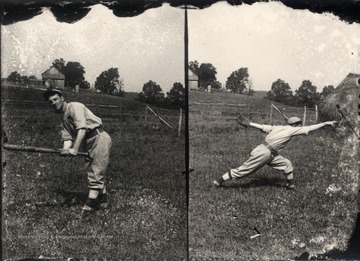 Unidentified baseball player in a rural setting posing alternately as a batter and a pitcher in two separate photographs.