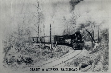 The Glady and Alpena R.R. between Gladwin in Tucker Co. and Alpena in Randolph Co., ca. 1910.  Ths was a lumber road built for the purpose of removing logs, lumber, tanning bark, and pulpwood. O. Homer Floyd Fansler, Hendricks, W.V.