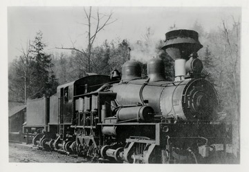 Front view of a Shay train engine with forest in the background.  