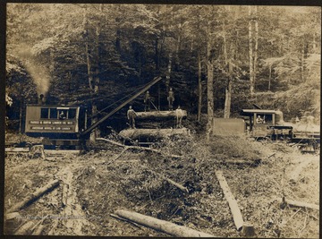 American Model D Log Loader holding up a log and two crew members.  Two other men standing on a log.  Train engine with man in the cab also present.  Pardee and Curtin Lumber Company.