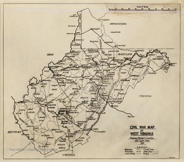 Civil War Map of West Virginia. Showing present counties and county seats 1936. Includes railroads, turnpikes, lateral roads, county lines, states lines, and rivers.