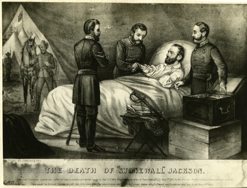 Drawing of Stonewall Jackson on his death bed, surrounded by doctors and officers.  Published by Currier and Ives.