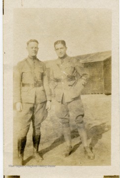 Portrait of Jarvis Offutt and Lt. Louis Bennett.  At left is Jarvis Jenness Offutt of the U.S. Air Sevice, who was temporarily attached to Number 56 Aero Squadron of the R.A.F. He was killed in an accident in France, August 13, 1918.  He was from Nebraska and a classmate of Bennett at Yale.
