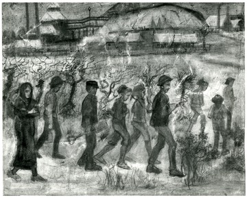 This sketch shows men, a women and children walking to work.  John Williams/ Coal Life Project.  Rijksmuseumkrller-Mller, Otterlo(G.) Copyright Holland.