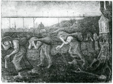 A painting by Van Gogh that shows slumped over workers walking along with sacks hanging from their heads.  Two children stand in the background. John Williams, Coal Life Project. Rijksmuseumkrller-Mller, Otterlo(G.) Copyright Holland.