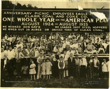 Group portrait of miners with families at the anniversary picnic at Clark Coal and Coke Eagle Mine.