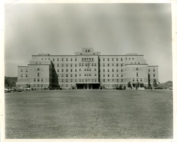 A close-up view of the Veterans Administration Hospital of Beckley, West Virginia.  'Copyrighed 1955 All rights reserved by Harlow Warren 320 North Kanawha Street Beckley, W. Va.'