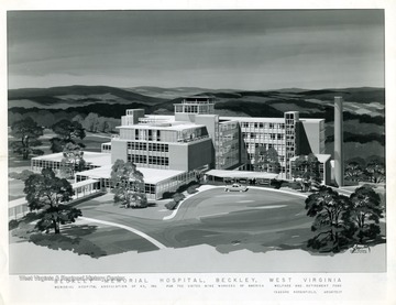A drawing of the Beckley Memorial Hospital nearing completion in Beckley, West Virginia.  'Copyrighed 1955 All rights reserved by Harlow Warren 320 North Kanawha Street Beckley, W. Va.'