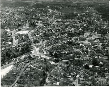 Aerial view of a part of Beckley including the Neville Maytag and Furniture Co.
