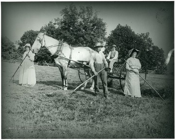 Gottfried, Olga, Walter, and another Aegerter working with a horse and rakes.  Helvetia, W. Va.