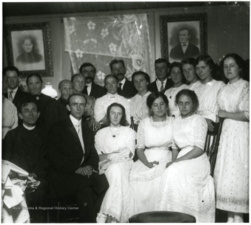 Large group portrait of the Aegerter Family, possibly a wedding party.  Helvetia, W. Va.