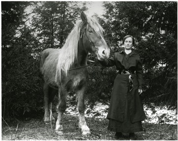 Woman holding a horse by its reins.  Helvetia, W. Va.