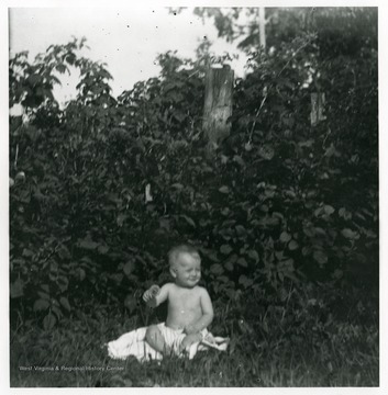 A baby is sitting on a blanket near some trees in grass in Helvetia, West Virginia.