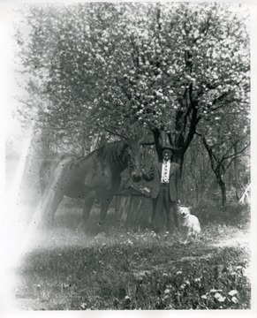 A man is standing with a horse and a dog under a tree near Helvetia, West Virginia.