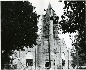 Scaffolding on the Wesley Methodist Church steeple, Morgantown, W. Va.