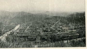 Showing the Town of Gassaway of Elk River looking southeast, and topography of Monongahela and Conemaugh series. Coal and coke Railroad shops in the foreground in Braxton County, W. Va.