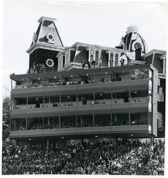 A larger, three tier press box was constructed years after the stadium was built. To stabilize the press box it had to be attached to Woodburn Hall.