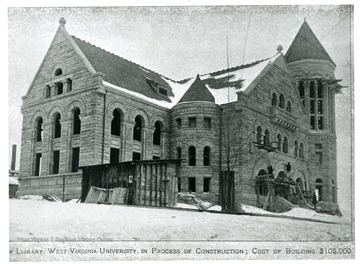 Exterior view of the West Virginia University Library during construction, cost of the building $105,000. The Library was once housed in the building which is currently Stewart Hall.