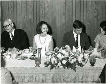 The yearbook for 1966-1967 was the large Centennial edition and it was dedicated to Dr. Oliver P. Chitwood who attended the dinner with his wife. From left to right: Dr. Oliver P. Chitwood; Bettijane Christopher Burger; John Gray, yearbook advertising manager; Paige Bouldin, Gray's assistant.