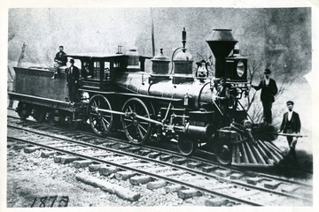 Locomotive 'Westward Ho!' built by Roger in 1857 with 'cylinder 12"; diam. 20" stove; Diam of Driving Wheels 54".'