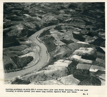 'Looking southwest at mile 230.5 across State line into North Carolina; fifth and last crossing in middle ground just above long riffle; Spurlin Ford just below.'