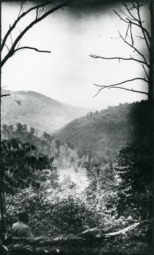 A picture of a valley from above, with a man in the foreground. 'No. 48 D.(27); Wed. July 16, 11:00 AM, cloudy'