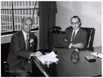 A photograph of Senator Hoblitzell (left) seated with an unidentified man. 'In connection with the Interparliamentary Union Conference, 1958.'