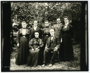 Standing: Emma Stadler Burky, Walter Stadler, Lizzetta Stadler Duenzler, Arnold Stadler, Ida Stadler Betler. Seated: Babette and George Stadler. (Five other brothers and sisters not shown.)
