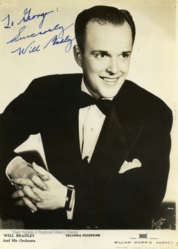 This photo was collected by George and Mike Barrick, two WVU students. Will Bradley and his orchestra performed at the Met. in Morgantown, West Virginia. The photo is signed "To George Sincerely Will Bradley"