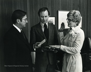 Pictured with U.S. Department of Housing and Urban Development Secretary Lynn. Holt was the first woman Secretary of State in West Virginia in 1955-1956. She continued active political participation long after her term and is most well known for her work in improving the housing and health care for the elderly.